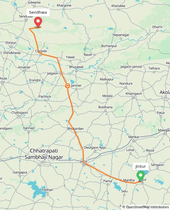 Route map showing distance and travel time from Jintur, India to Sendhwa, India
