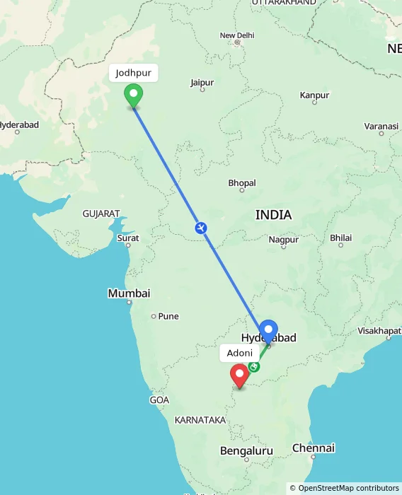 Route map showing distance and travel time from Jodhpur, India to Adoni, India