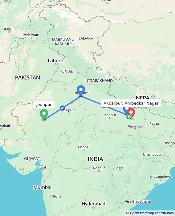 Route map showing distance and travel time from Jodhpur, India to Akbarpur, Ambedkar Nagar, India
