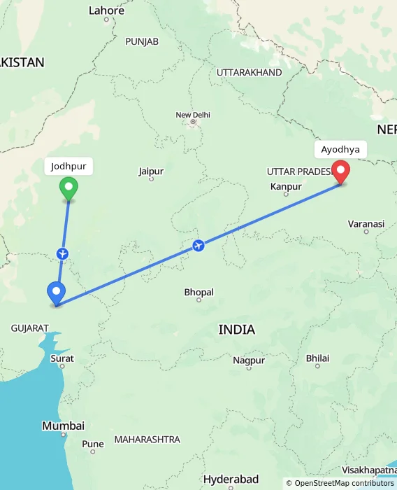 Route map showing distance and travel time from Jodhpur, India to Ayodhya, India