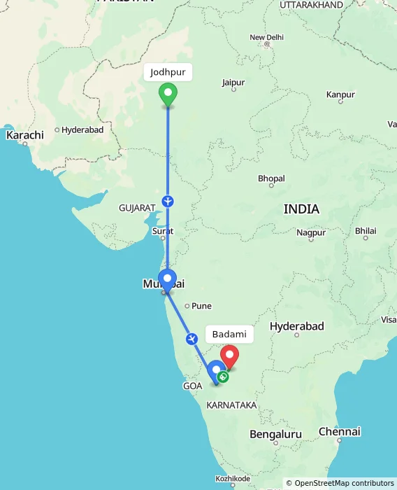 Route map showing distance and travel time from Jodhpur, India to Badami, India