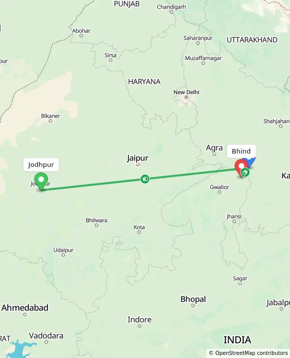 Route map showing distance and travel time from Jodhpur, India to Bhind, India