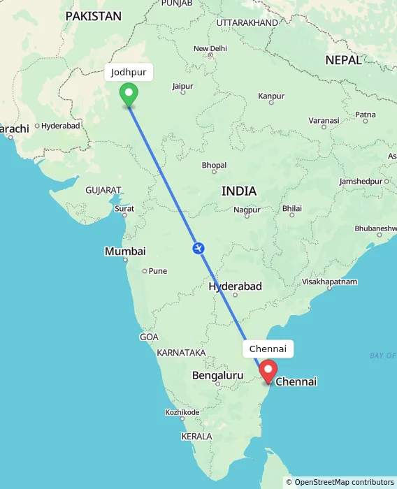 Route map showing distance and travel time from Jodhpur, India to Chennai, India