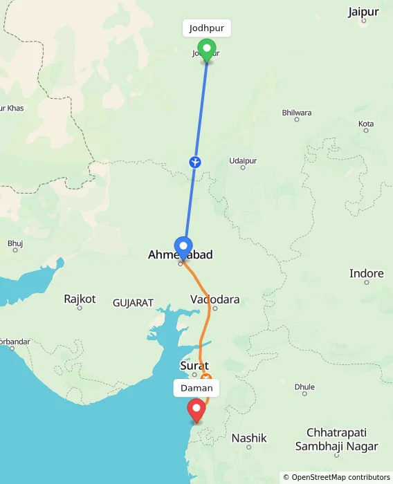 Route map showing distance and travel time from Jodhpur, India to Daman, India
