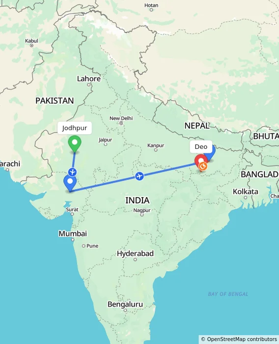 Route map showing distance and travel time from Jodhpur, India to Deo, India
