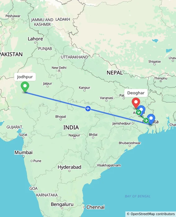 Route map showing distance and travel time from Jodhpur, India to Deoghar, India