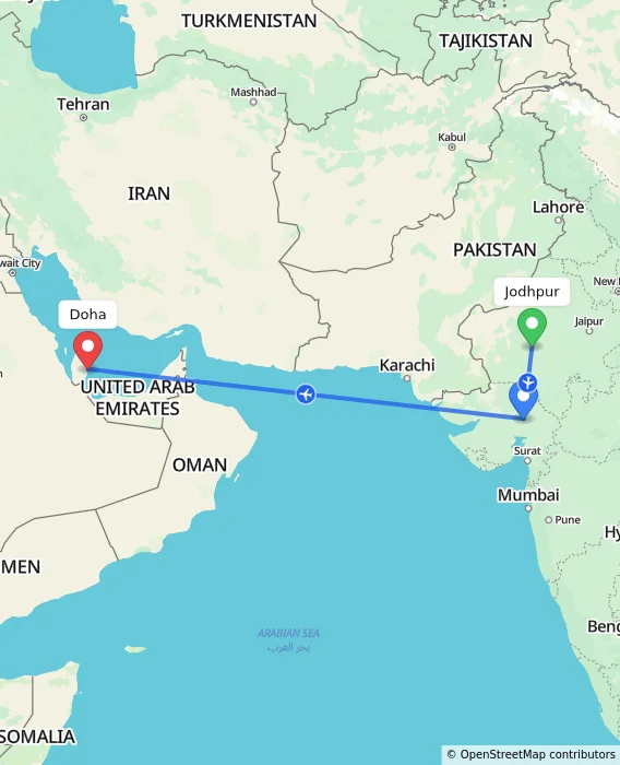 Route map showing distance and travel time from Jodhpur, India to Doha, Qatar