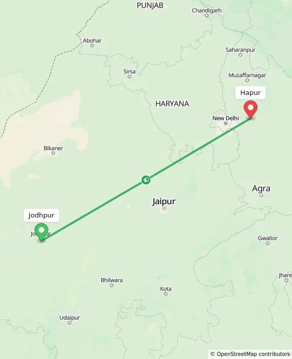 Route map showing distance and travel time from Jodhpur, India to Hapur, India