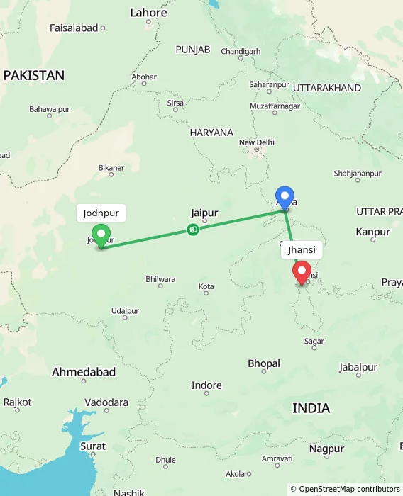 Route map showing distance and travel time from Jodhpur, India to Jhansi, India