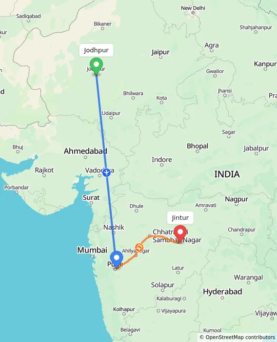 Route map showing distance and travel time from Jodhpur, India to Jintur, India