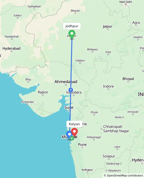 Route map showing distance and travel time from Jodhpur, India to Kalyan, India