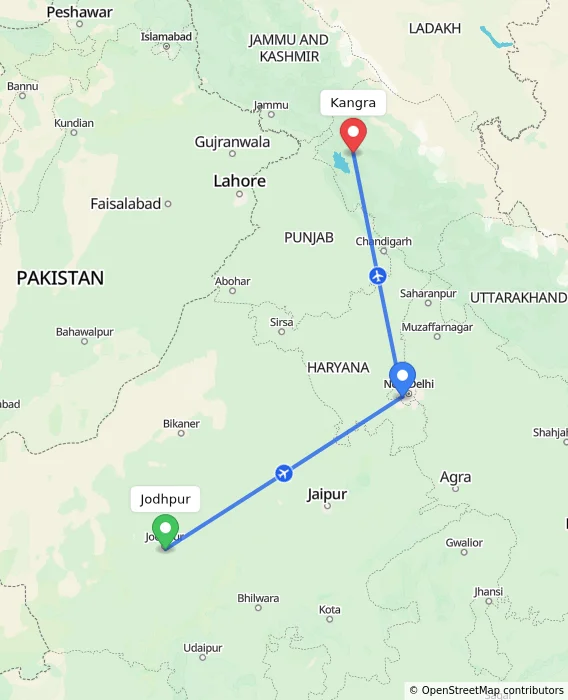 Route map showing distance and travel time from Jodhpur, India to Kangra, India