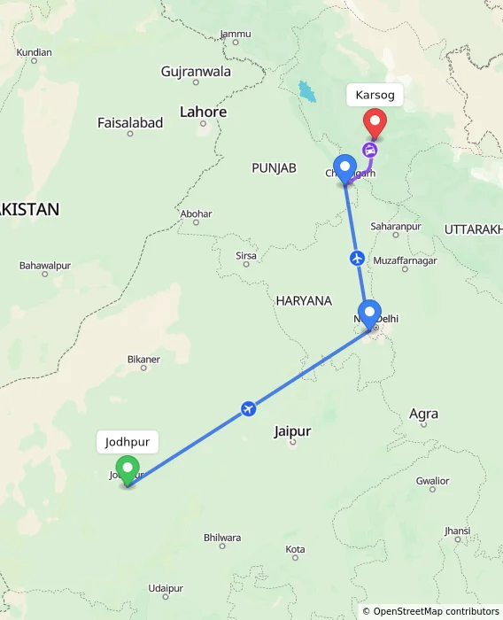 Route map showing distance and travel time from Jodhpur, India to Karsog, India
