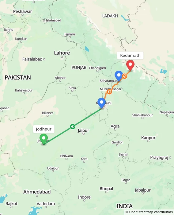 Route map showing distance and travel time from Jodhpur, India to Kedarnath, India