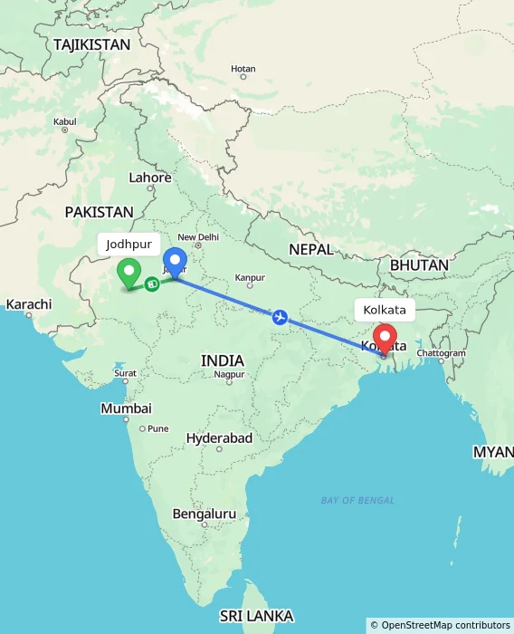 Route map showing distance and travel time from Jodhpur, India to Kolkata, India