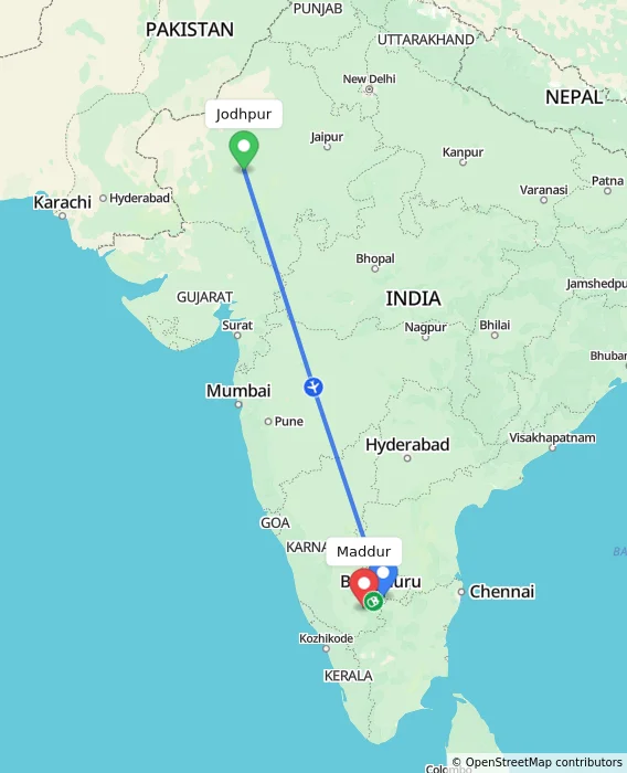 Route map showing distance and travel time from Jodhpur, India to Maddur, India