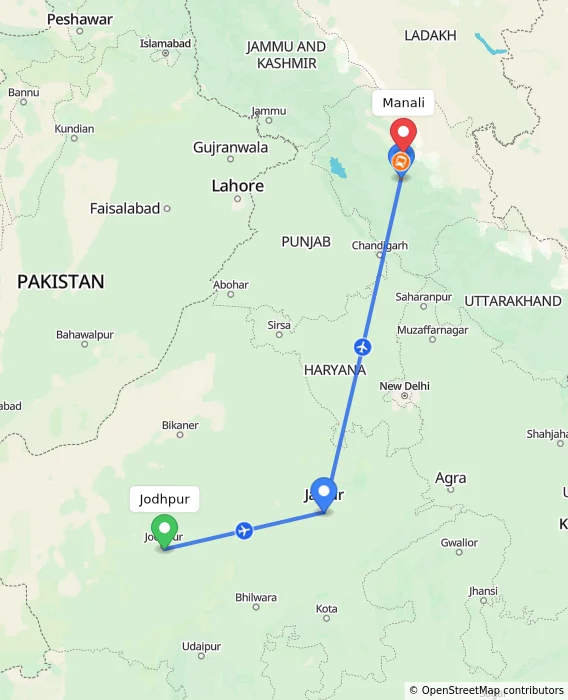 Route map showing distance and travel time from Jodhpur, India to Manali, India