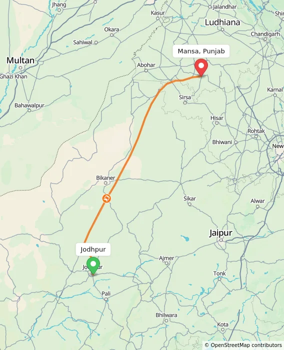 Route map showing distance and travel time from Jodhpur, India to Mansa, Punjab, India