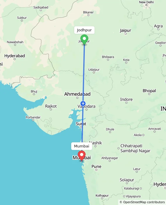 Route map showing distance and travel time from Jodhpur, India to Mumbai, India