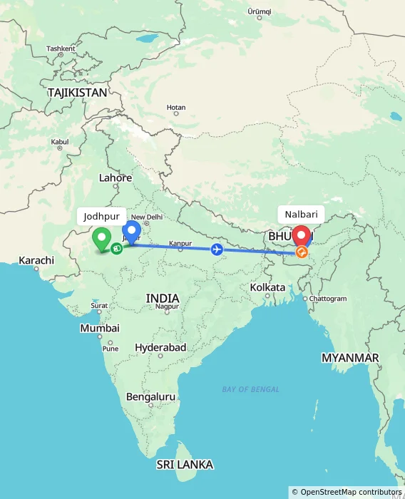 Route map showing distance and travel time from Jodhpur, India to Nalbari, India