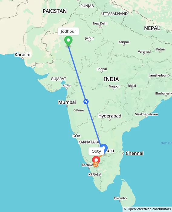 Route map showing distance and travel time from Jodhpur, India to Ooty, India