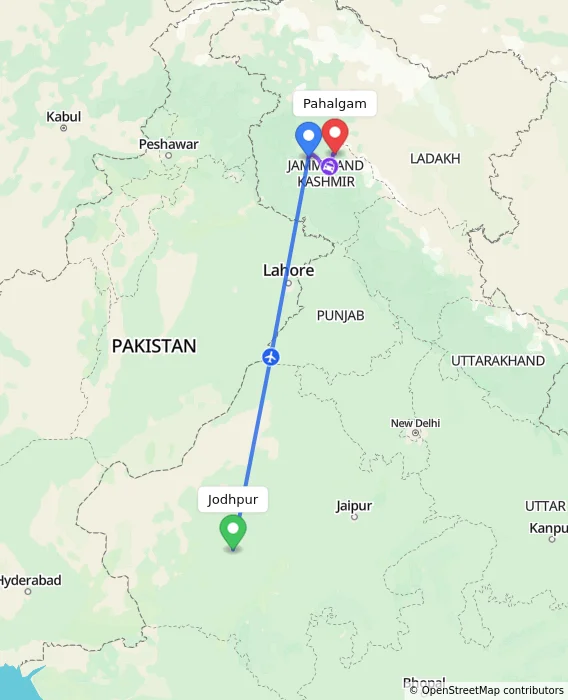 Route map showing distance and travel time from Jodhpur, India to Pahalgam, India