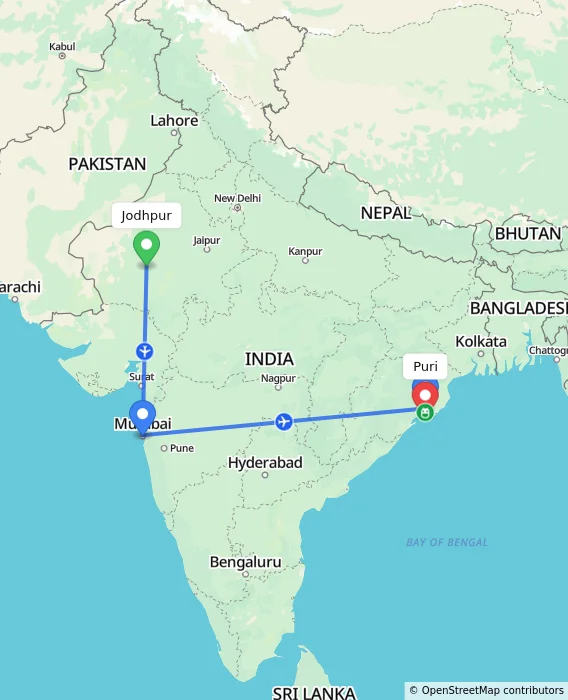 Route map showing distance and travel time from Jodhpur, India to Puri, India