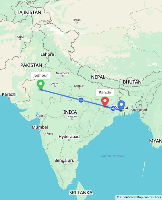 Route map showing distance and travel time from Jodhpur, India to Ranchi, India