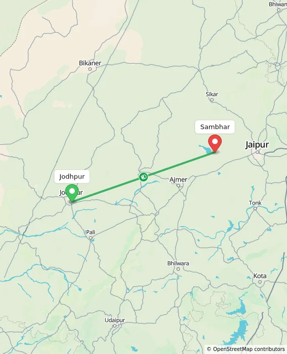 Route map showing distance and travel time from Jodhpur, India to Sambhar, India