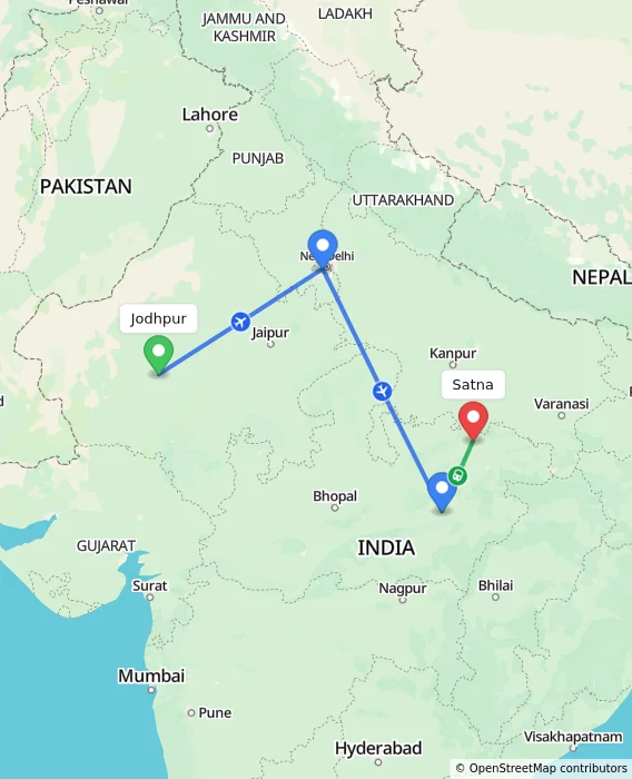 Route map showing distance and travel time from Jodhpur, India to Satna, India