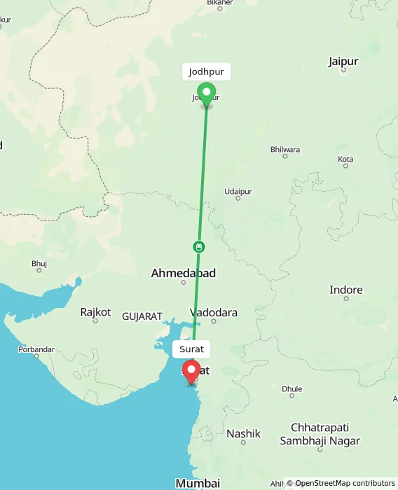 Route map showing distance and travel time from Jodhpur, India to Surat, India