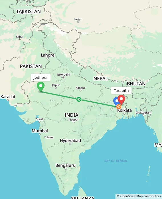Route map showing distance and travel time from Jodhpur, India to Tarapith, India