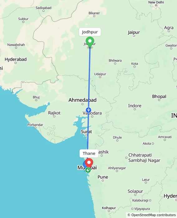 Route map showing distance and travel time from Jodhpur, India to Thane, India
