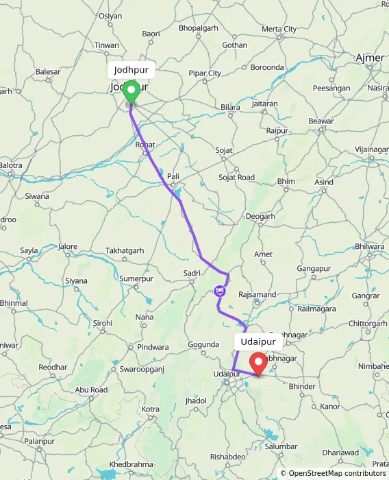 Route map showing distance and travel time from Jodhpur, India to Udaipur, India