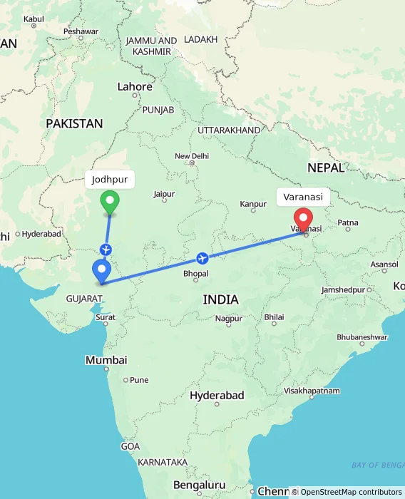 Route map showing distance and travel time from Jodhpur, India to Varanasi, India