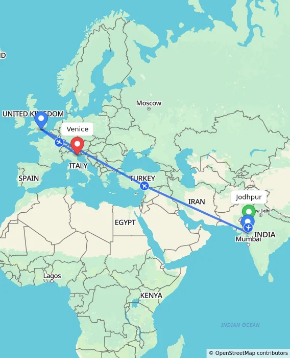 Route map showing distance and travel time from Jodhpur, India to Venice, Italy