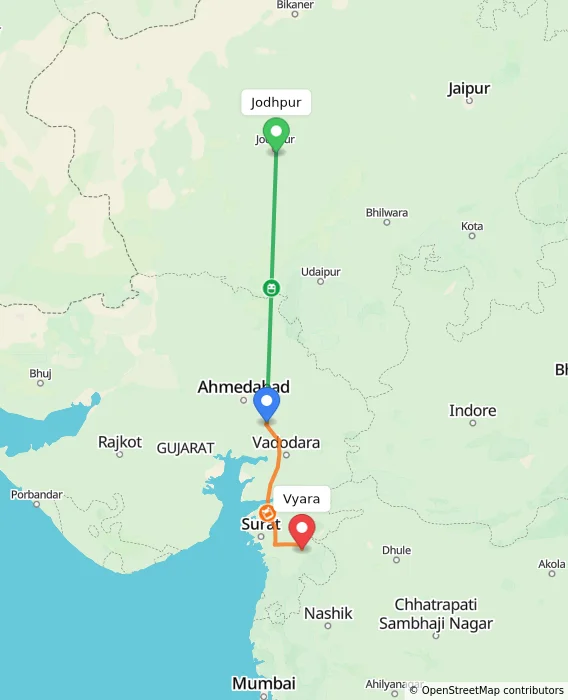 Route map showing distance and travel time from Jodhpur, India to Vyara, India