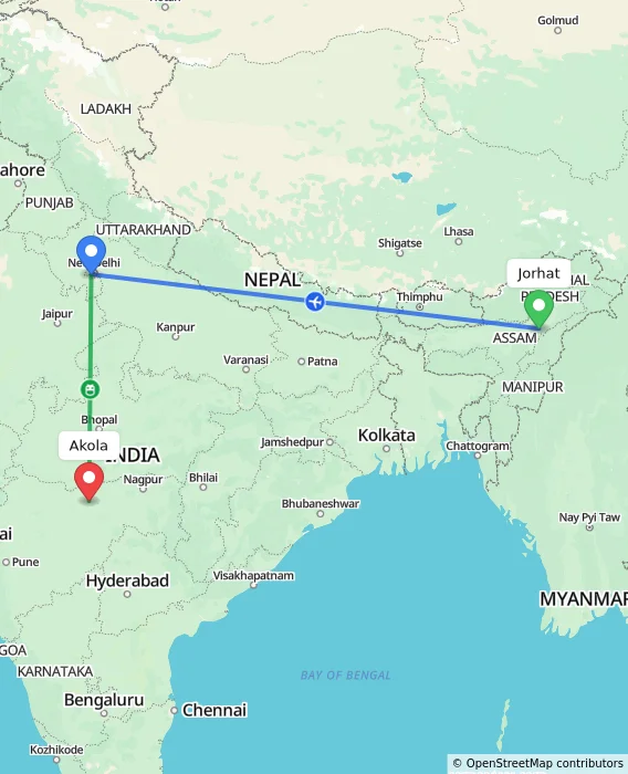 Route map showing distance and travel time from Jorhat, India to Akola, India