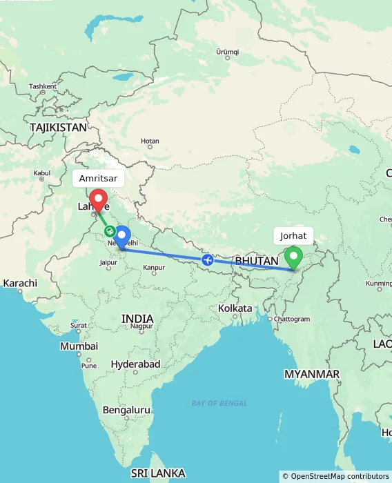 Route map showing distance and travel time from Jorhat, India to Amritsar, India