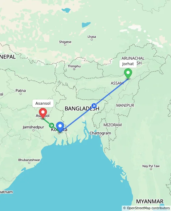Route map showing distance and travel time from Jorhat, India to Asansol, India