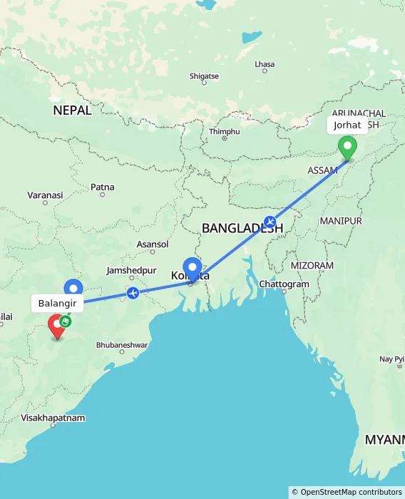 Route map showing distance and travel time from Jorhat, India to Balangir, India