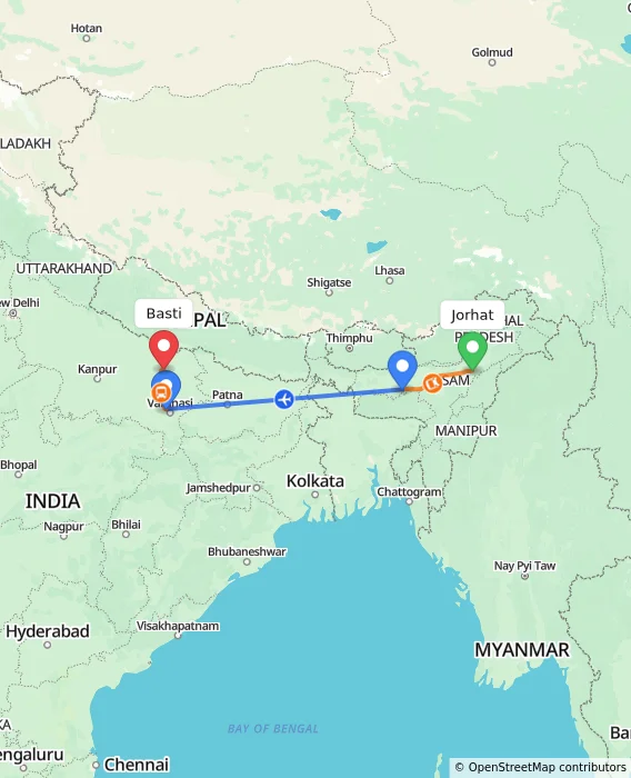 Route map showing distance and travel time from Jorhat, India to Basti, India
