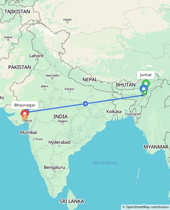 Route map showing distance and travel time from Jorhat, India to Bhavnagar, India