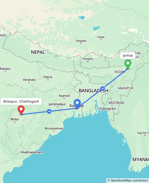 Route map showing distance and travel time from Jorhat, India to Bilaspur, Chattisgarh, India