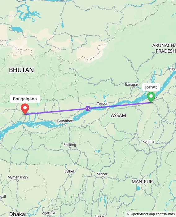 Route map showing distance and travel time from Jorhat, India to Bongaigaon, India