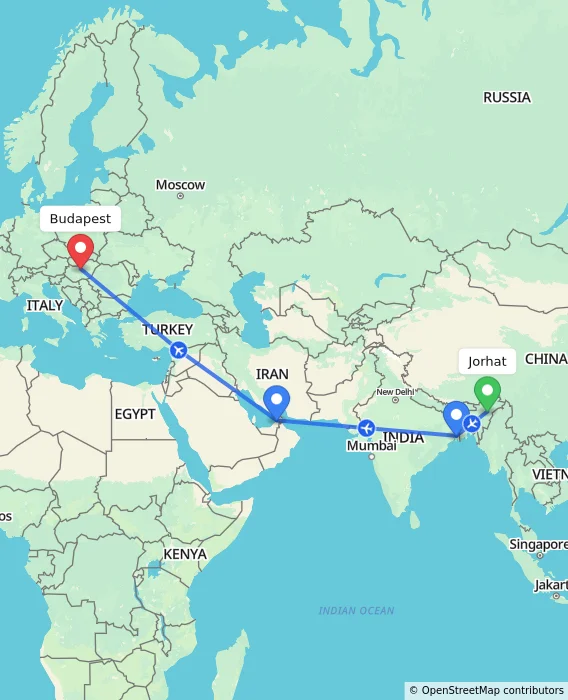 Route map showing distance and travel time from Jorhat, India to Budapest, Hungary