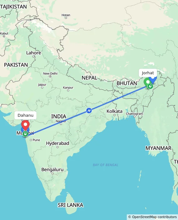 Route map showing distance and travel time from Jorhat, India to Dahanu, India