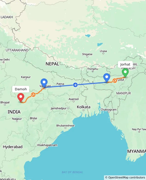 Route map showing distance and travel time from Jorhat, India to Damoh, India