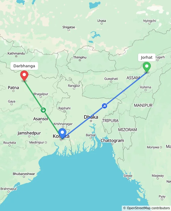 Route map showing distance and travel time from Jorhat, India to Darbhanga, India