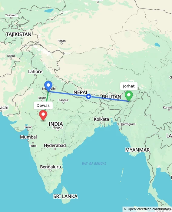 Route map showing distance and travel time from Jorhat, India to Dewas, India